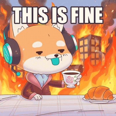 A Cartoon Of A Dog With Headphones Holding A Cup Of Coffee With The Words This Is Fine Below Him GIF
