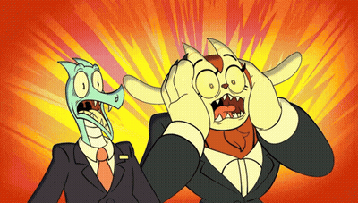 A Cartoon Of A Dragon And A Man With Horns Covering Their Faces With Their Hands GIF