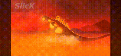 A Cartoon Of A Dragon Flying Through The Air On A Red Background With The Word Slick In The Corner . GIF