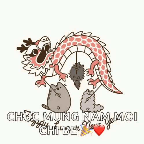 A Cartoon Of A Dragon Holding A Cat And A Sheep With The Words " Chúc Mung Nam Moi " In The Bottom Right GIF