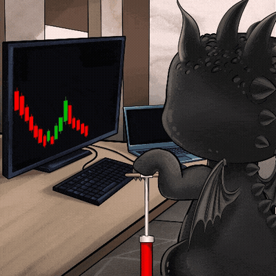 A Cartoon Of A Dragon Looking At A Stock Chart On A Computer Screen GIF