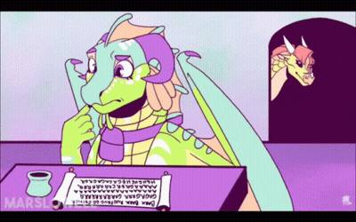 A Cartoon Of A Dragon Sitting At A Table With A Piece Of Paper That Says Marsh GIF