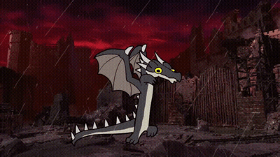 A Cartoon Of A Dragon Standing In A Ruined Area GIF