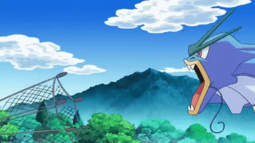 A Cartoon Of A Dragon With A Fishing Net In The Foreground And Mountains In The Background GIF