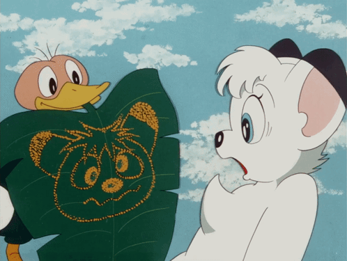 A Cartoon Of A Duck And A Lion Holding A Green Leaf GIF