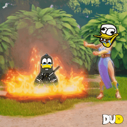 Cartoon Duck And Woman Standing Next To Fire Duo GIF