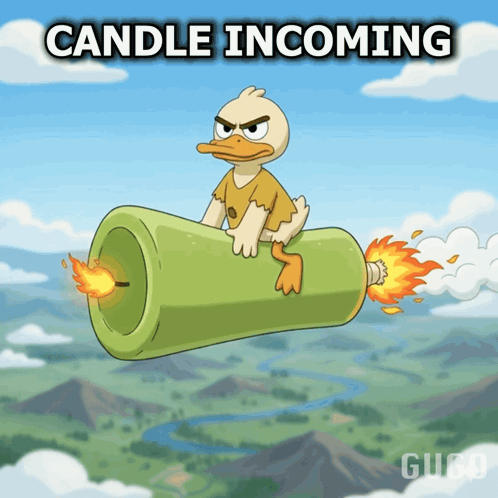 A Cartoon Of A Duck Flying Through The Air With The Words Candle Incoming Below It GIF