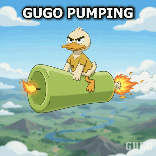 A Cartoon Of A Duck Flying Through The Air With The Words " Gugo Pumping " Above Him GIF