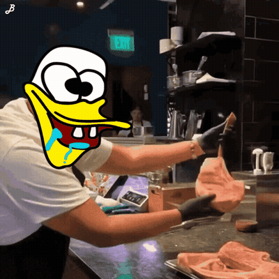 A Cartoon Of A Duck Holding A Piece Of Meat GIF