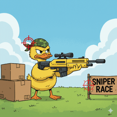 A Cartoon Of A Duck Holding A Sniper Rifle Next To A Sign That Says Sniper Race GIF