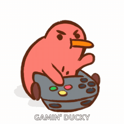 A Cartoon Of A Duck Holding A Video Game Controller With The Caption " Gamin ' Ducky " GIF