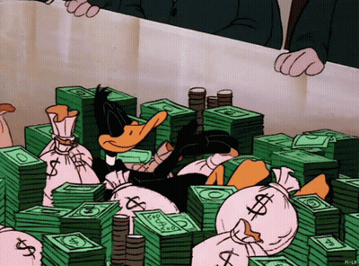A Cartoon Of A Duck Laying In A Pile Of Money With A Dollar Sign On The Bag GIF