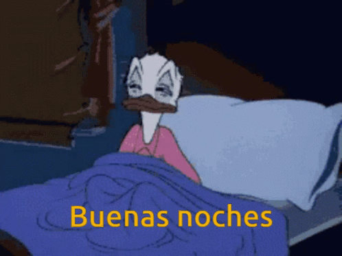 A Cartoon Of A Duck Laying In Bed With The Words Buenas Noches Above Him GIF