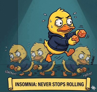 A Cartoon Of A Duck Playing Dice With The Words Insomnia Never Stops Rolling Below It GIF