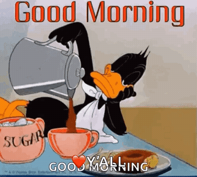 A Cartoon Of A Duck Pouring Coffee Into A Cup GIF