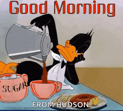 A Cartoon Of A Duck Pouring Coffee Into A Cup With The Words `` Good Morning From Hudson '' . GIF