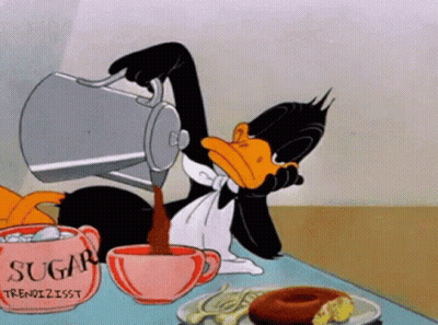 A Cartoon Of A Duck Pouring Coffee Into A Pink Cup That Says Sugar GIF