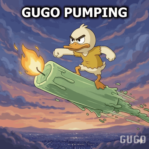 A Cartoon Of A Duck Riding A Candle With The Words " Gugo Pumping " Below It GIF