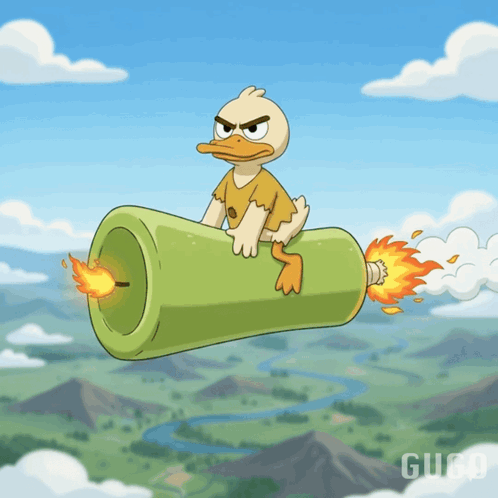 A Cartoon Of A Duck Riding A Green Rocket With The Word Gugo On The Bottom GIF