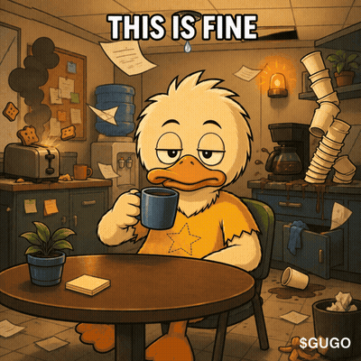 A Cartoon Of A Duck Sitting At A Table Holding A Cup Of Coffee With The Words This Is Fine Above Him GIF