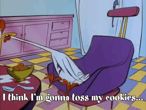 A Cartoon Of A Duck Sitting In A Chair With The Words I Think I 'M Gonna Toss My Cookies GIF