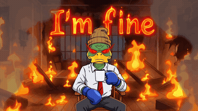 A Cartoon Of A Duck Sitting In Front Of A Sign That Says I 'M Fine GIF