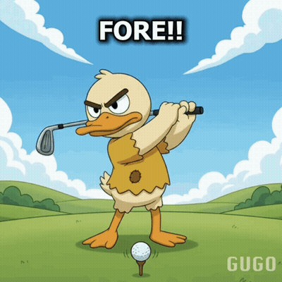 A Cartoon Of A Duck Swinging A Golf Club With The Words Fore Written Above It GIF