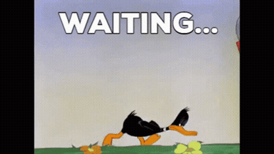 A Cartoon Of A Duck Walking With The Words Waiting Behind It GIF