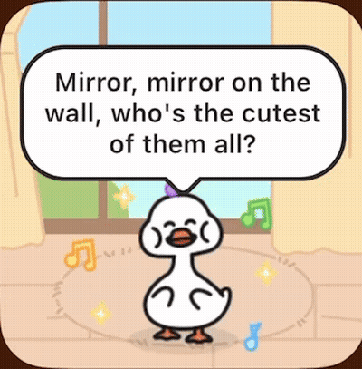 A Cartoon Of A Duck With A Speech Bubble That Says Mirror Mirror On The Wall Who 'S The Cutest Of Them All GIF