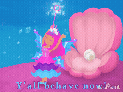 A Cartoon Of A Fairy Blowing Bubbles Next To A Pink Shell With The Words " Y 'All Behave Now " GIF