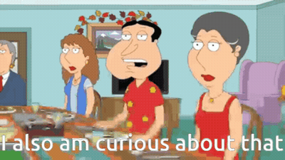 A Cartoon Of A Family Sitting Around A Table With The Words " I Also Am Curious About That " GIF