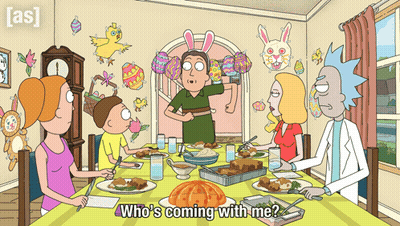 A Cartoon Of A Family Sitting Around A Table With The Words Who 'S Coming With Me At The Bottom GIF
