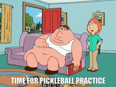 A Cartoon Of A Fat Man Sitting On A Couch With The Words Time For Pickleball Practice GIF