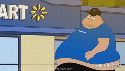 A Cartoon Of A Fat Man Standing In Front Of A Store Called Art GIF