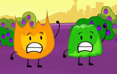 A Cartoon Of A Fire And A Green Jelly Standing Next To Each Other . GIF