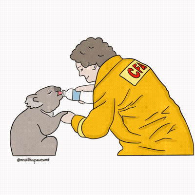 A Cartoon Of A Firefighter Feeding A Koala With A Bottle GIF