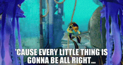 A Cartoon Of A Fish Hanging From A Rope With The Words `` Cause Every Little Thing Is Gonna Be All Right '' GIF