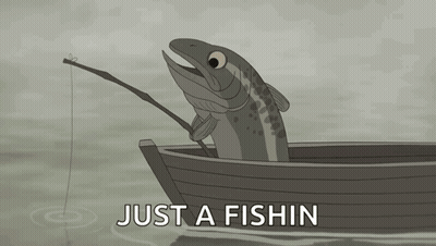 A Cartoon Of A Fish In A Boat With The Words Just A Fishin Above It GIF