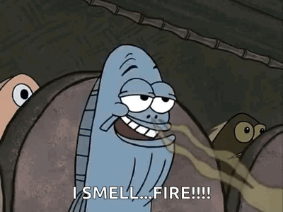 A Cartoon Of A Fish Saying `` I Smell ... Fire !!! '' GIF