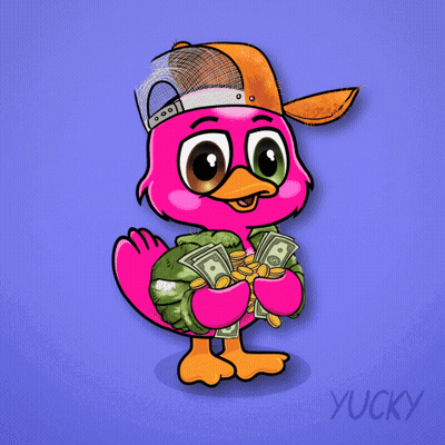 A Cartoon Of A Flamingo Holding Money And Coins With The Words I 'M A T On The Bottom GIF