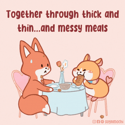 A Cartoon Of A Fox And A Hamster Sitting At A Table With The Words Together Through Thick And Thin And Messy Meals GIF