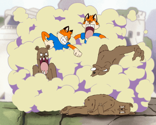 a cartoon of a fox and two bears with smoke coming out of them