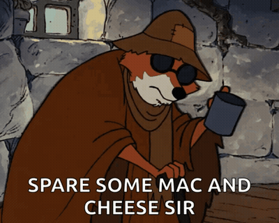 A Cartoon Of A Fox Holding A Mug With The Words Spare Some Mac And Cheese Sir Below Him GIF