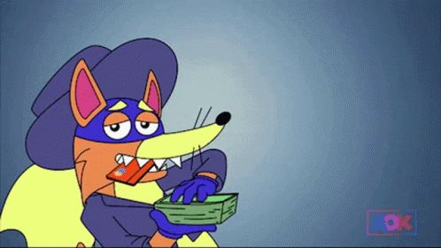 A Cartoon Of A Fox Holding A Stack Of Money With Ok Written On The Bottom GIF