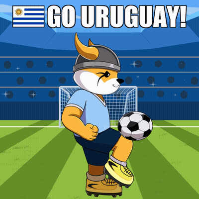 A Cartoon Of A Fox Kicking A Soccer Ball With The Words Go Uruguay Below It GIF