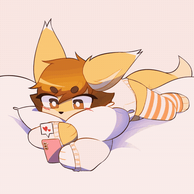 A Cartoon Of A Fox Laying On A Bed With A Cell Phone GIF