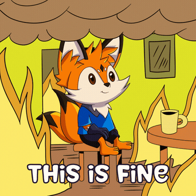 A Cartoon Of A Fox Sitting At A Table With The Words " This Is Fine " Above Him GIF