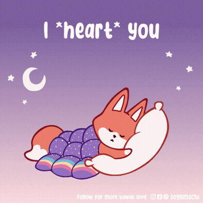 A Cartoon Of A Fox Sleeping On A Pillow With The Words " I Heart You " Below It GIF