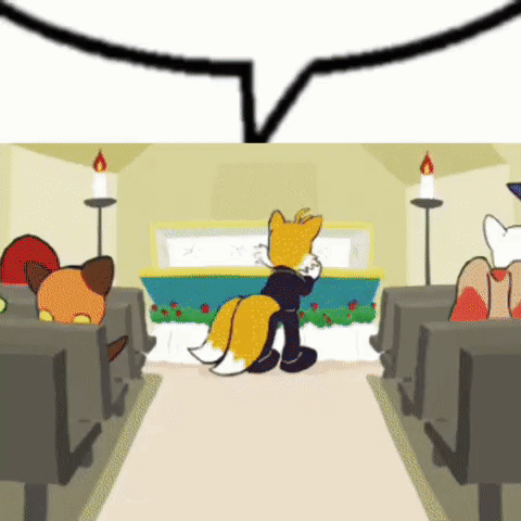 A Cartoon Of A Fox Standing Next To A Coffin In A Church . GIF