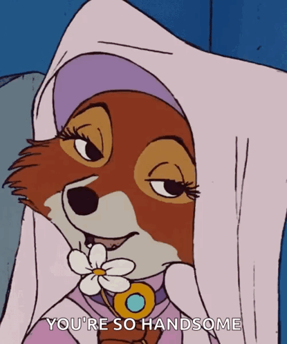 A Cartoon Of A Fox With A Flower In Its Mouth And The Words You 'Re So Handsome GIF
